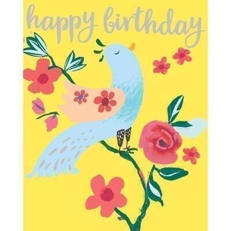 Bird in a Tree Birthday card by Liz and Pip .Vibrantly coloured with beautiful bird and flowers design. The words ''Happy Birthday'' are hot foil stamped on the front. Blank inside for your own message. 120x150mm.